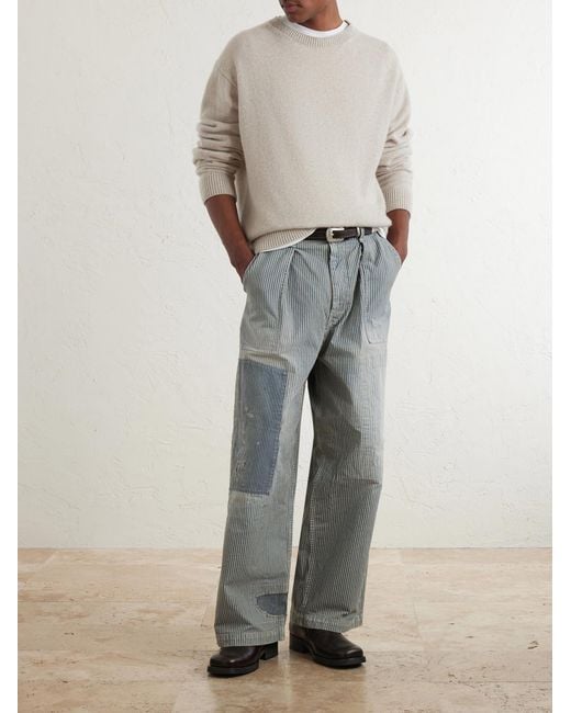 Kapital Blue Liberty Hicoree Fatigue Wide-Leg Striped Distressed Patchwork Cotton-Twill Trousers for men