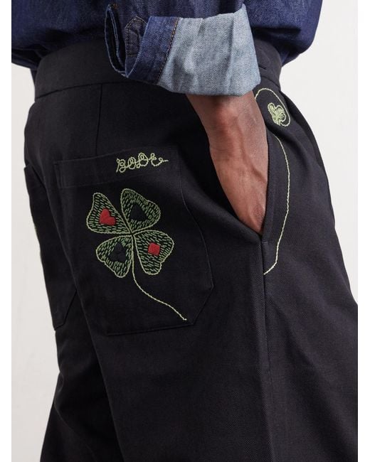 Bode Blue Lucky Draw Straight-leg Pleated Embroidered Cotton-twill Trousers for men