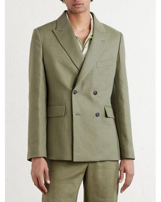 Bode Green Linen Double-Breasted Blazer for men