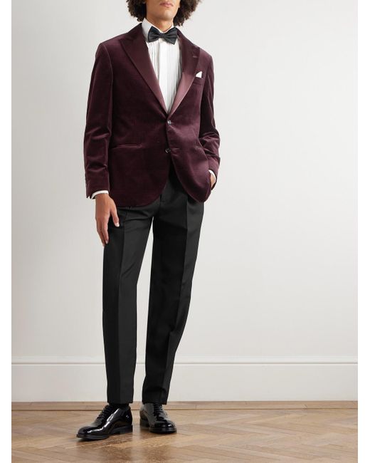 Brunello Cucinelli Black Tapered Pleated Satin-Trimmed Silk, Wool And Mohair-Blend Trousers for men
