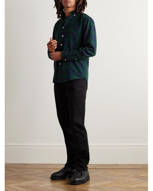 Portuguese Flannel Green Bonfim Button-Down Collar Checked Cotton-Flannel Shirt for men