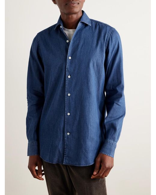 De Petrillo Blue Cotton-Chambray Shirt for men