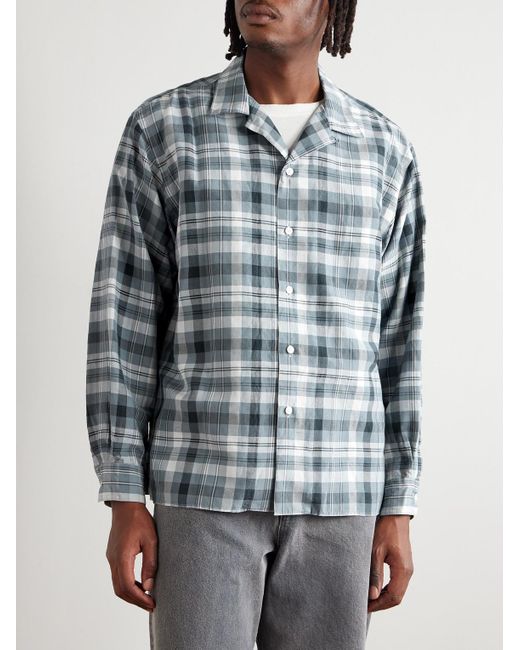 A.PRESSE Blue Camp-collar Checked Silk And Linen-blend Shirt for men