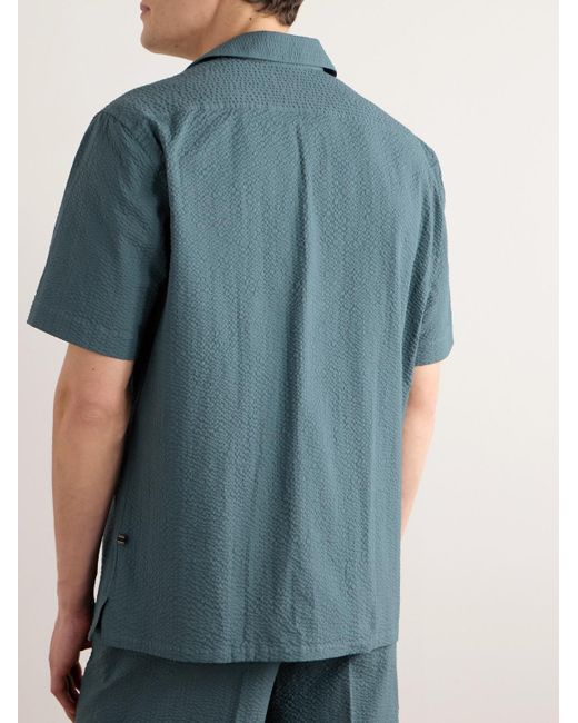 Brioni Blue Convertible-collar Cotton-seersucker Shirt for men