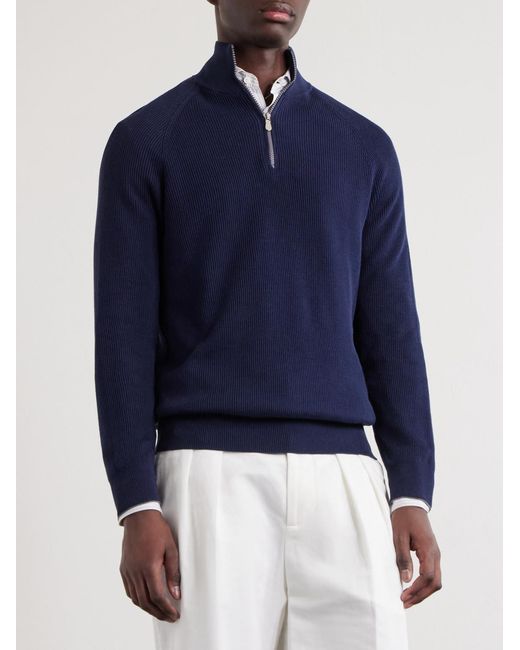 Brunello Cucinelli Blue Ribbed Cotton Half-Zip Sweater for men
