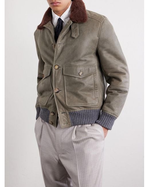 Brunello Cucinelli Brown Shearling Bomber Jacket for men