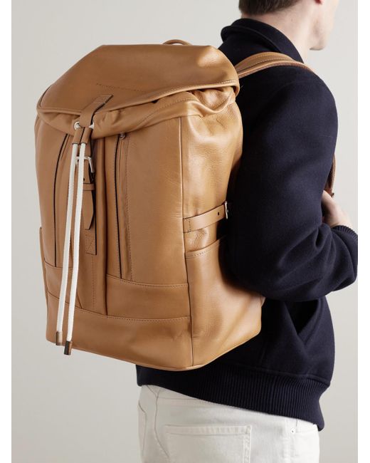 Brunello Cucinelli Brown Logo-debossed Full-grain Leather Backpack for men