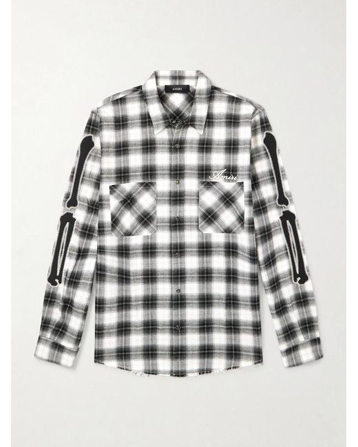 Amiri Black Bones Appliquéd Frayed Checked Cotton-Flannel Overshirt for men