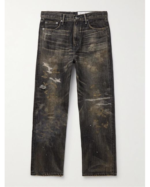 Neighborhood Gray Savage Straight-leg Distressed Selvedge Jeans for men