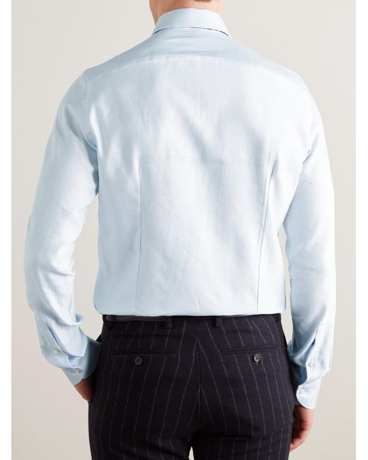Canali Blue Cotton And Linen-blend Jacquard Shirt for men