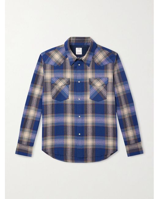 Four Corners Checked Wool And Linen-Blend Shirt di Visvim in Blue da Uomo