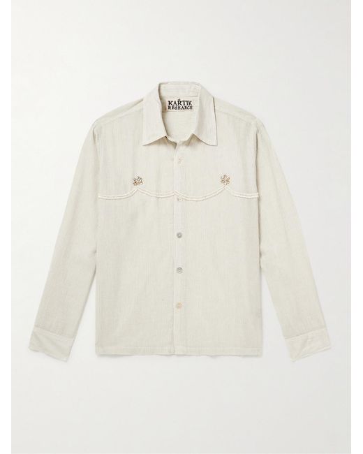 Kartik Research White Embellished Striped Cotton Shirt for men