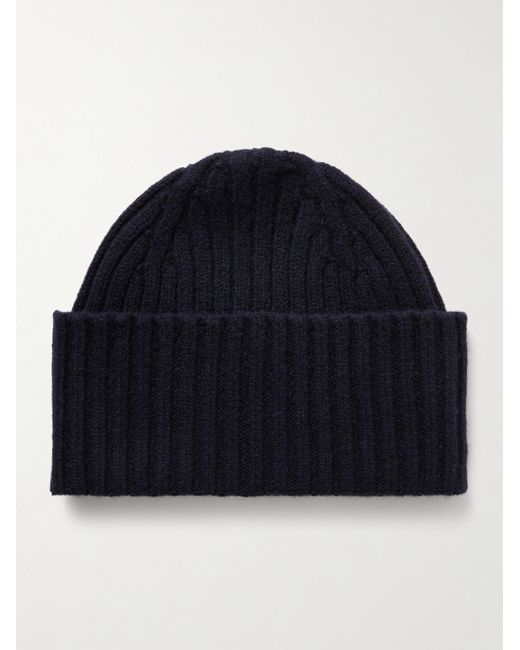 Drake's Blue Ribbed Wool Beanie for men