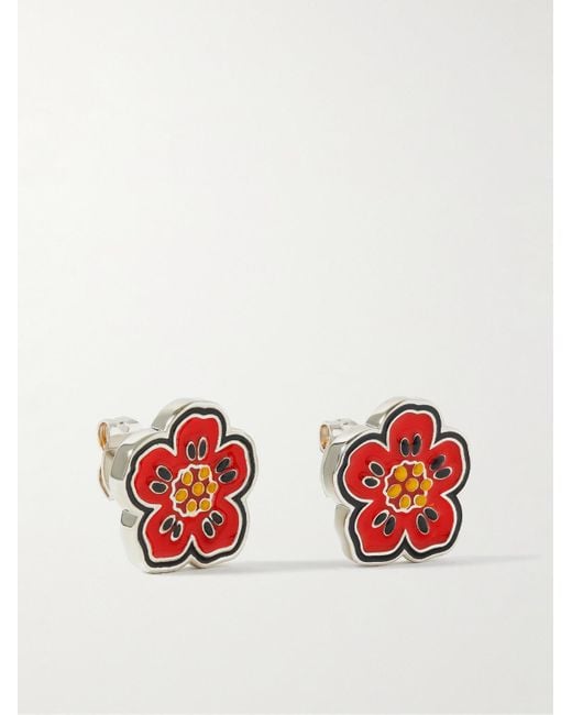 KENZO Red Boke Flower Silver-tone And Enamel Earrings for men