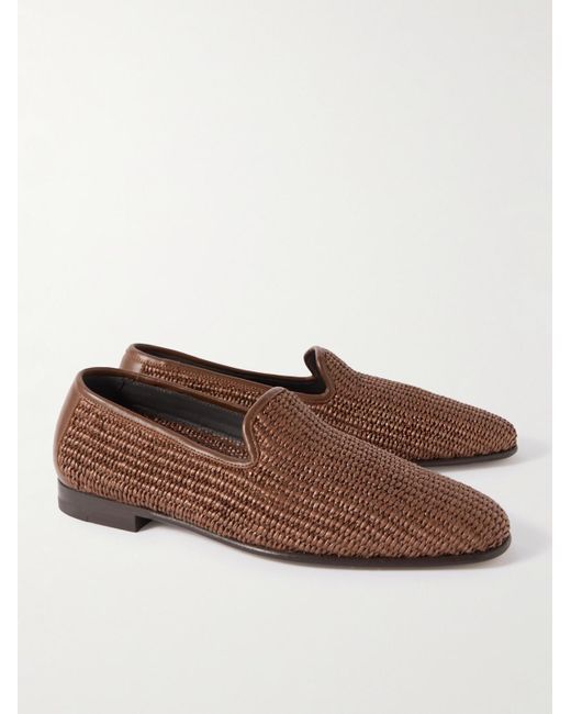 Manolo Blahnik Brown Mario Leather-Trimmed Raffia Loafers for men