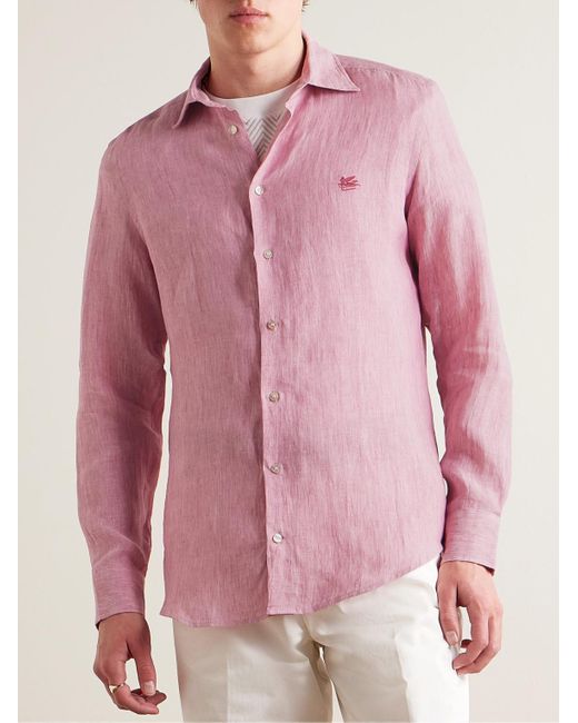 Camicia slim-fit in lino con logo ricamato di Etro in Pink da Uomo
