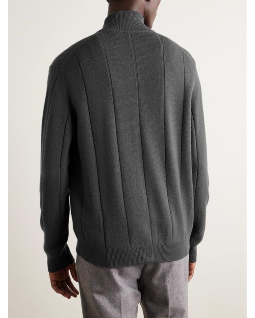 Eleventy Gray Ribbed Wool Zip-Up Cardigan for men