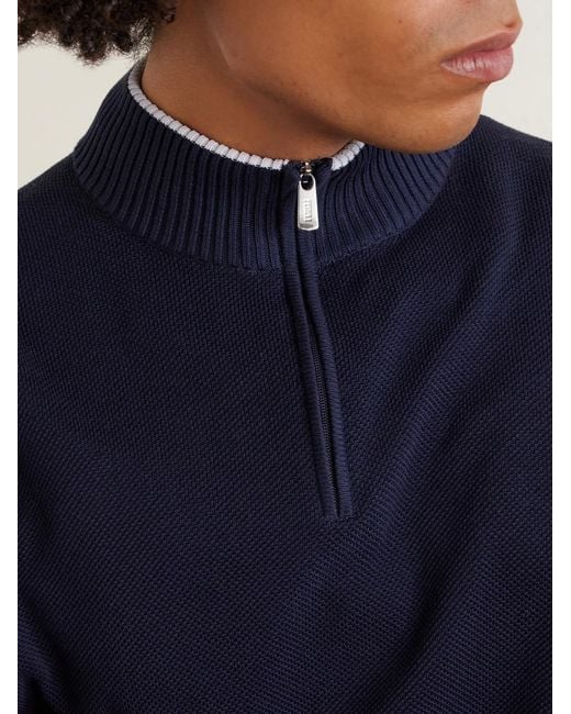 Fedeli Blue Cotton-piqué Half-zip Sweater for men