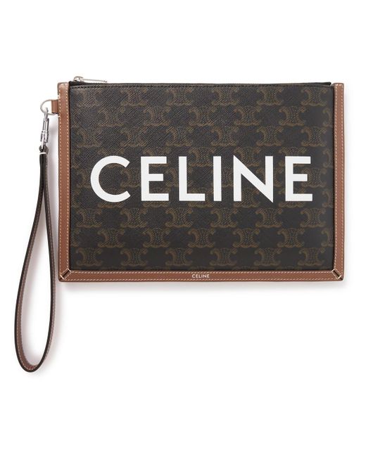 CELINE HOMME Black Small Triomphe Leather-trimmed Logo-print Coated-canvas Pouch for men
