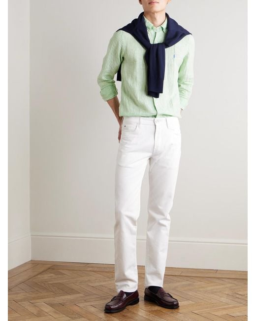 Polo Ralph Lauren Green Button-Down Collar Logo-Embroidered Striped Linen Shirt for men