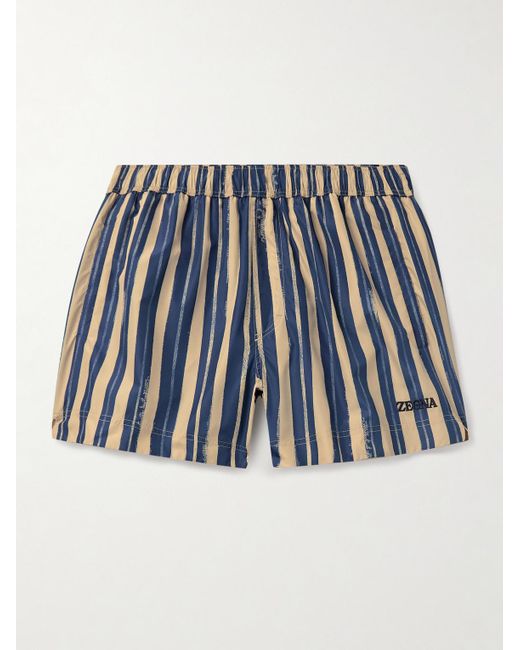 Zegna Blue Straight-leg Mid-length Logo-embroidered Striped Swim Shorts for men