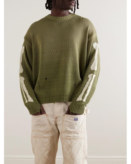 Kapital 5G Pullover aus einer Baumwollmischung mit Intarsienmotiven in Distressed-Optik in Green für Herren