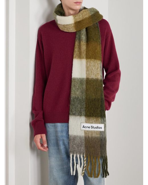 Acne Green Vally Fringed Checked Knitted Scarf for men