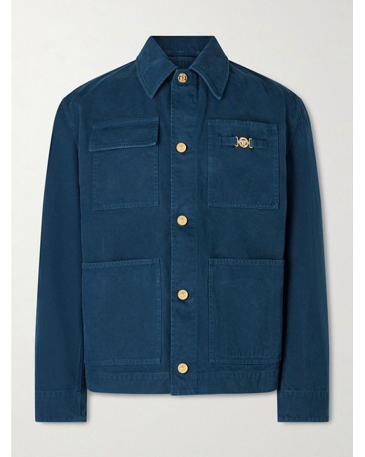 Versace Blue Embellished Cotton-Canvas Blouson Jacket for men