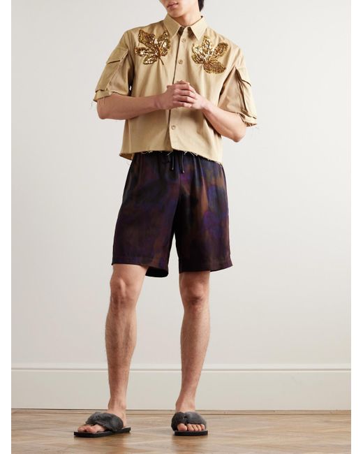 Dries Van Noten Blue Straight-leg Printed Satin Drawstring Shorts for men
