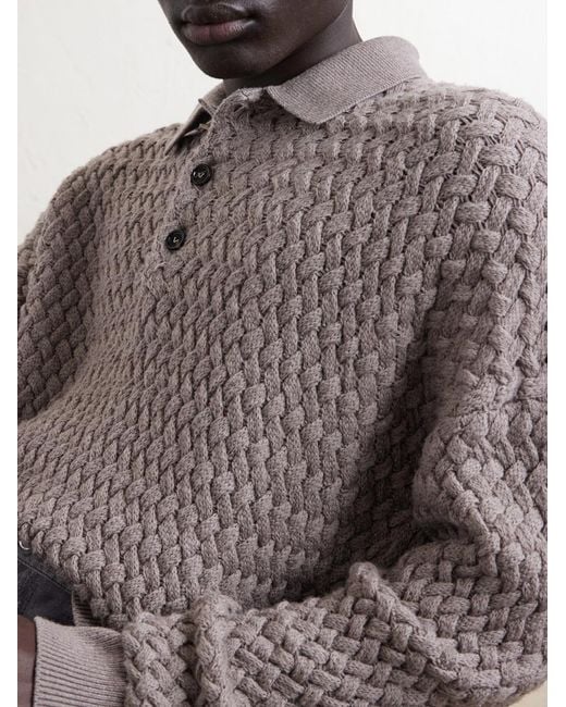 Bottega Veneta Gray Intrecciato Wool Polo Sweater for men