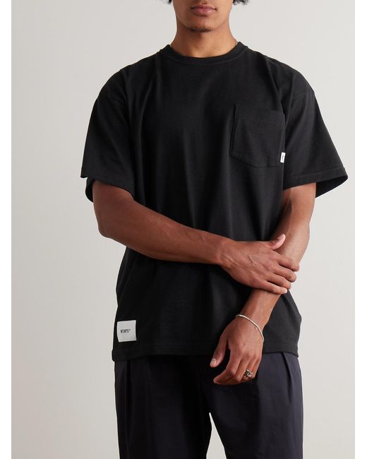 (w)taps Black Logo-Appliquéd Printed Cotton-Jersey T-Shirt for men