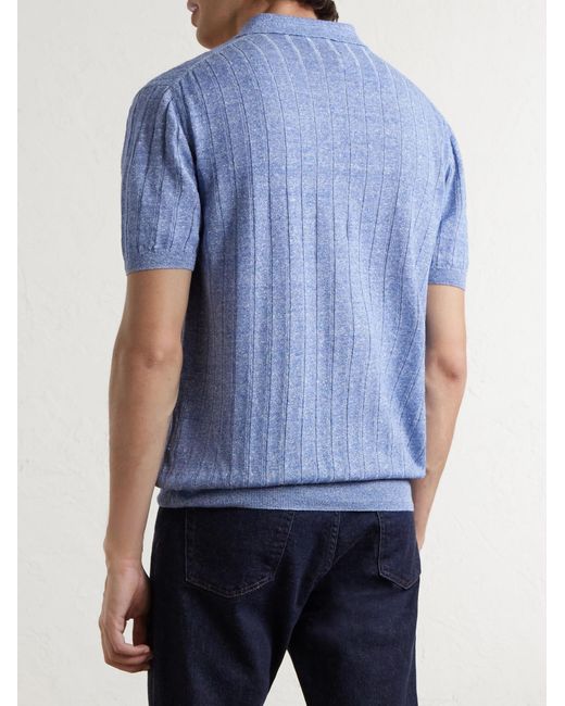 Boglioli Blue Ribbed Linen And Cotton-Blend Polo Shirt for men