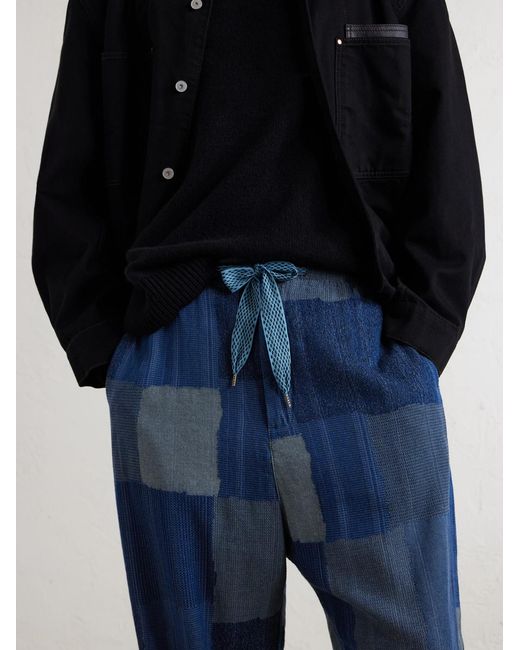 Kapital Blue Tugihagi Straight-Leg Patchwork Cotton Drawstring Trousers for men
