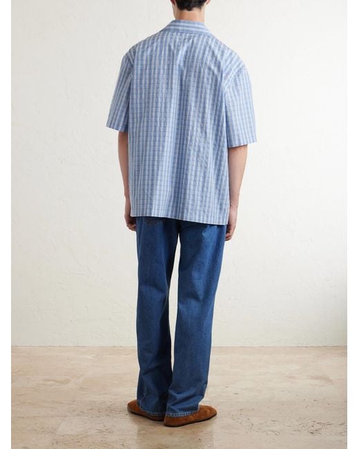 Bottega Veneta Blue Camp-collar Logo-embroidered Checked Cotton And Silk-blend Shirt for men