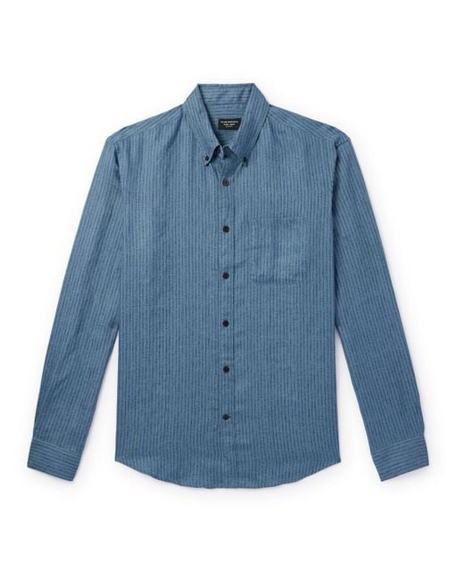 Club Monaco Blue Slim-fit Button-down Collar Striped Linen Shirt for men