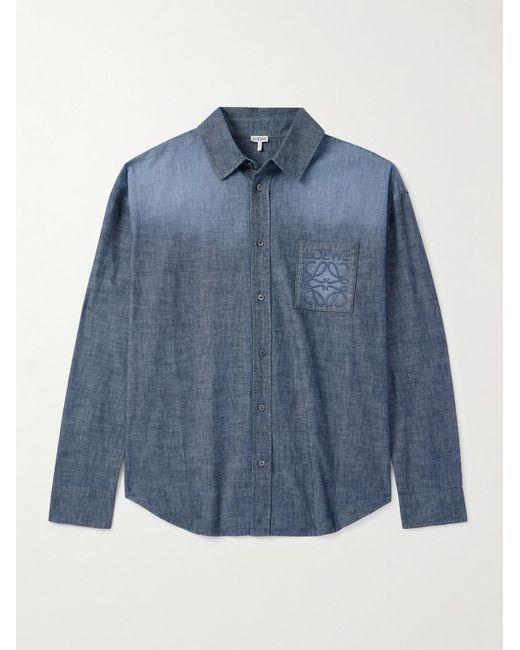 Loewe Blue Logo-Embroidered Cotton-Chambray Shirt for men