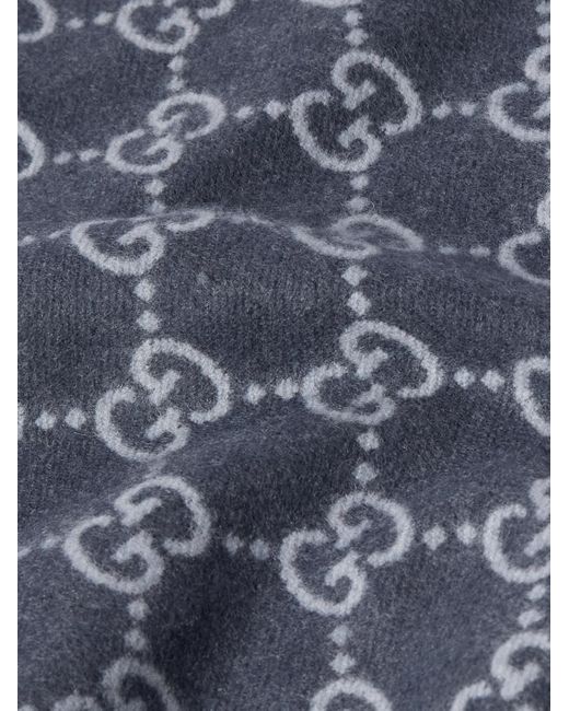 Gucci Blue Fringed Logo-Jacquard Cashmere Scarf for men