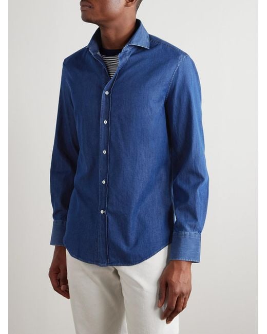 Brunello Cucinelli Blue Slim-fit Cutaway-collar Cotton Shirt for men