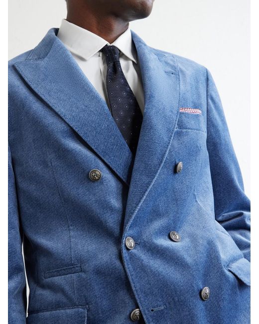 Brunello Cucinelli Blue Double-Breasted Cotton-Velvet Suit Jacket for men