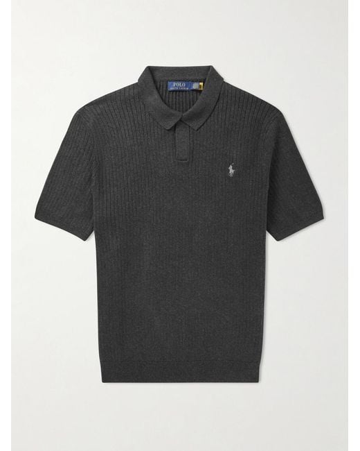 Polo Ralph Lauren Black Logo-Embroidered Ribbed Cotton Polo Shirt for men