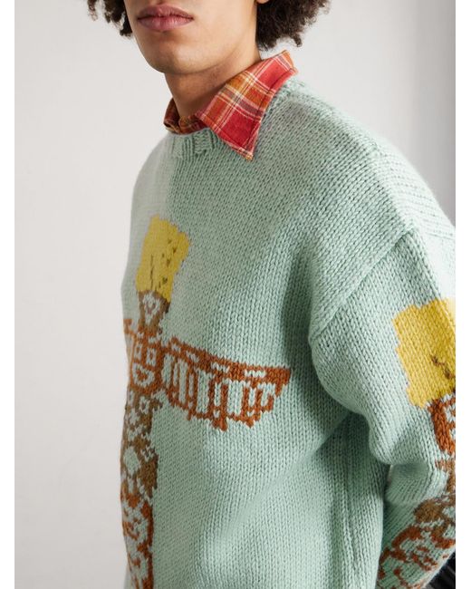 Kapital Blue Peckish Totem Pole Intarsia Wool Sweater for men