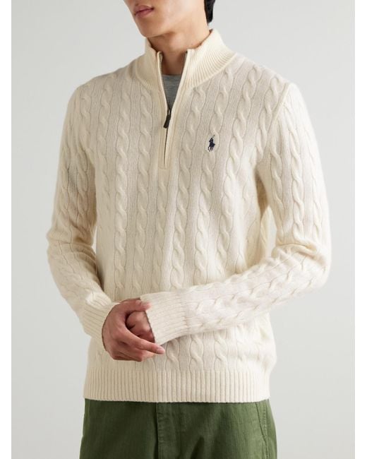 Polo Ralph Lauren Natural Logo-Embroidered Cable-Knit Wool And Cashmere-Blend Half-Zip Sweater for men