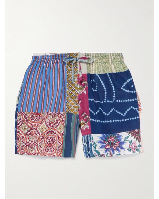 Kardo Blue Straight-leg Printed Patchwork Cotton Drawstring Shorts for men