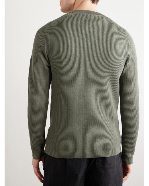 C P Company Green Logo-appliquéd Ribbed Sea Island Cotton Sweater for men