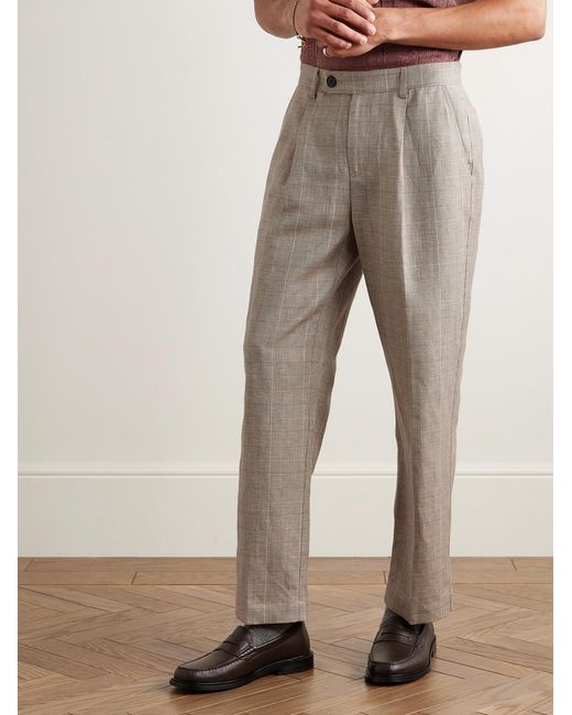 Corridor NYC Natural Straight-leg Pleated Checked Linen And Wool-blend Trousers for men