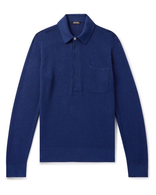 Zegna Blue Textured Cotton And Mulberry Silk-blend Polo Shirt for men