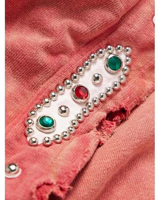 Kapital Red Embellished Suede-Trimmed Distressed Cotton-Jersey Hoodie for men