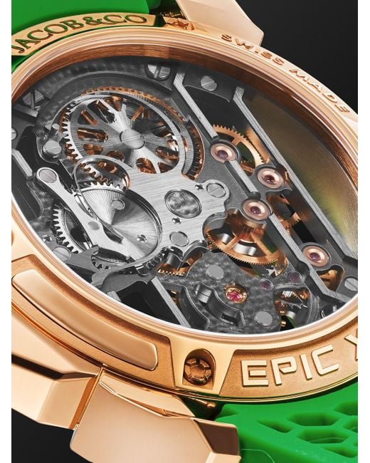Jacob & Co Green Epic X Limited Edition Hand-wound Skeleton Chronograph 44mm 18-karat Rose Gold And Rubber Watch for men