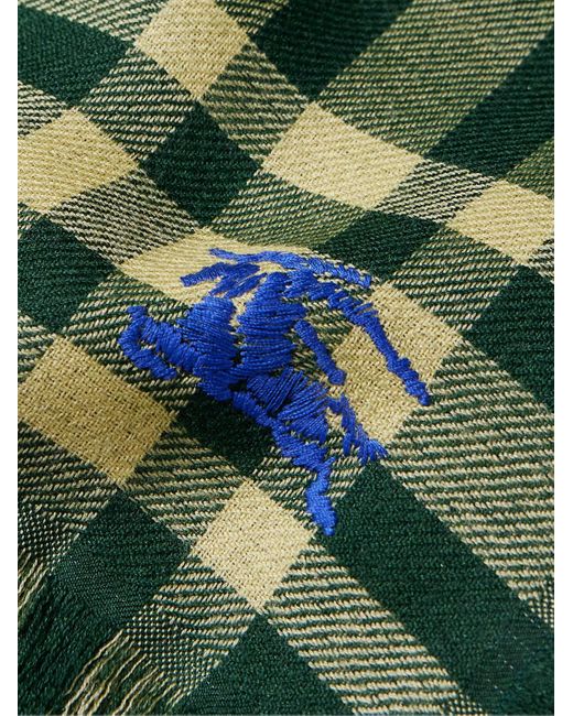 Burberry Green Fringed Logo-embroidered Checked Wool-blend Scarf for men