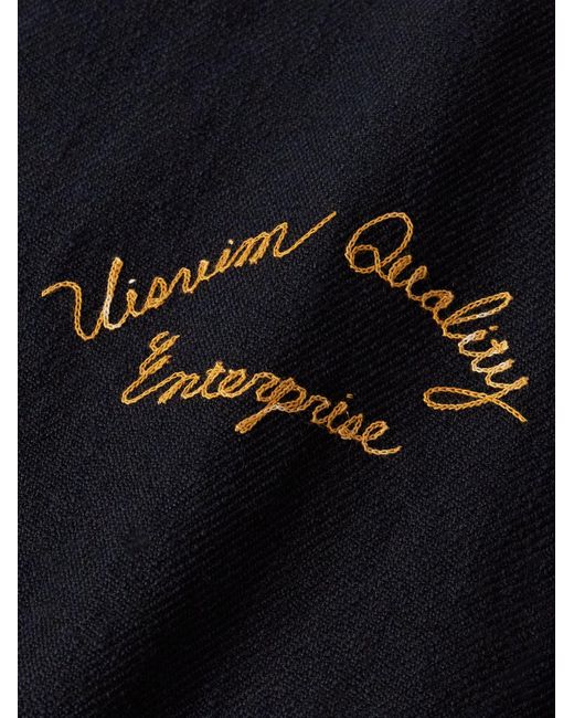 Visvim Blue Embroidered Wool And Linen-Blend Twill And Full-Grain Leather Varsity Jacket for men
